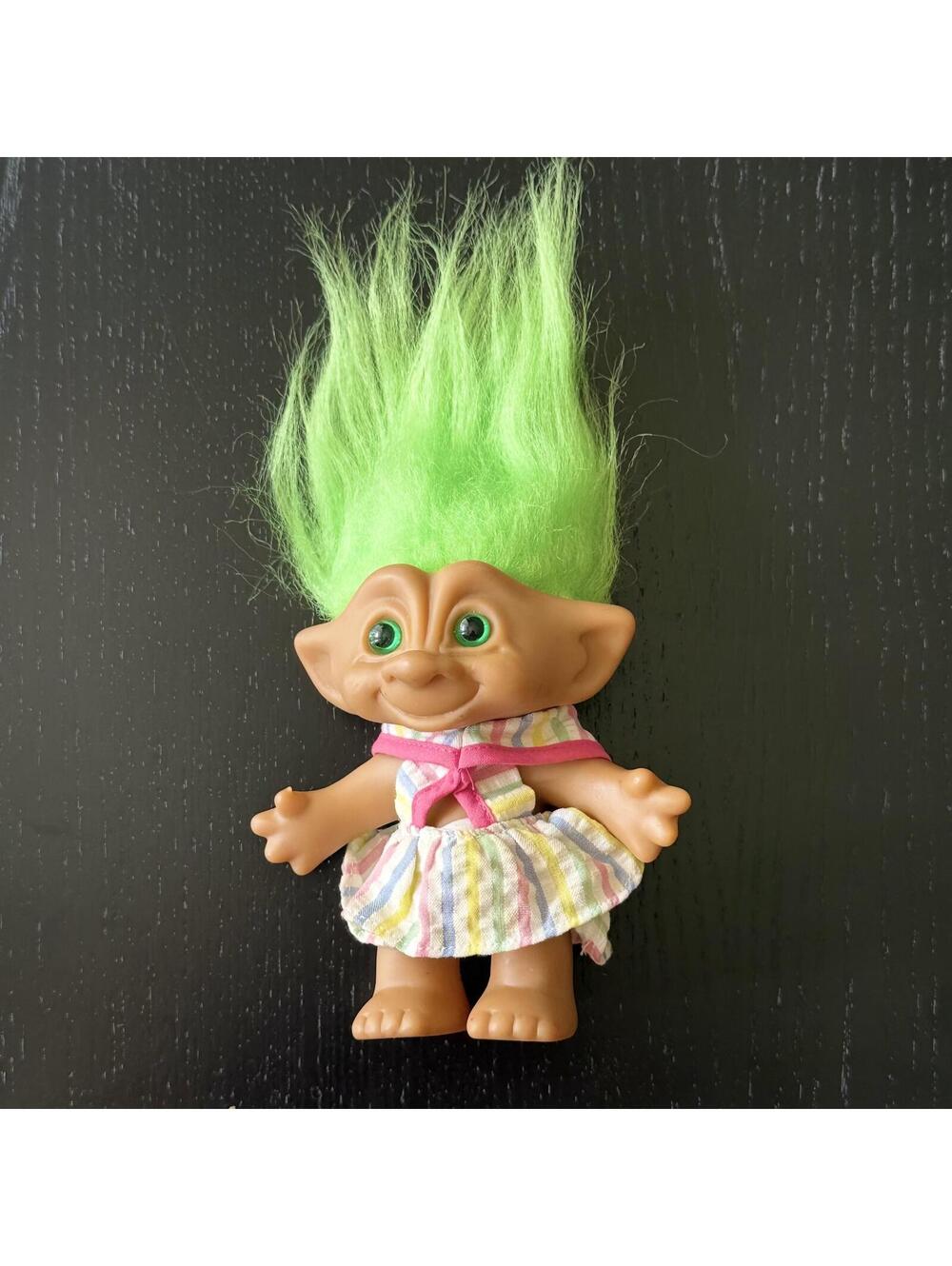 Vintage Troll Doll with Neon Green Hair and Colorful Dress